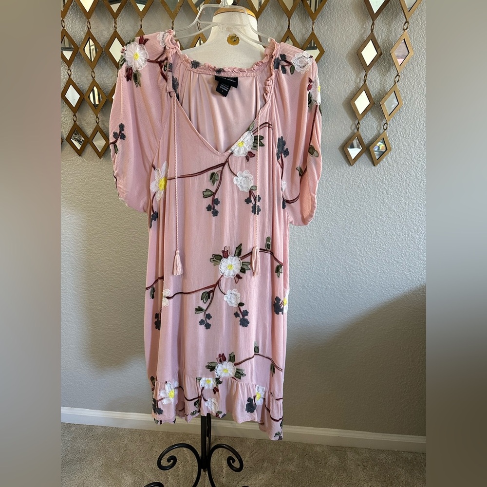 Pink Puff Sleeve Dress with V-Neck